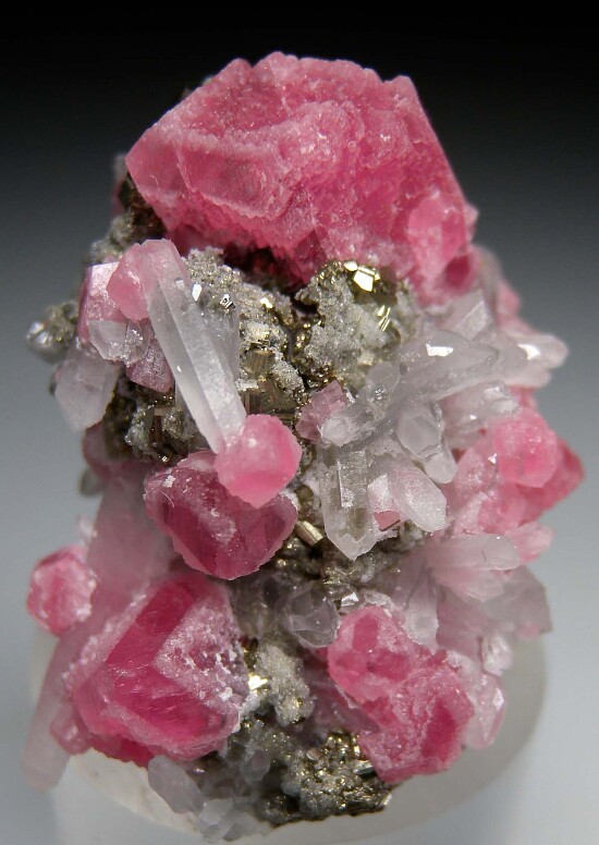 Rhodochrosite, Quartz on Pyrite