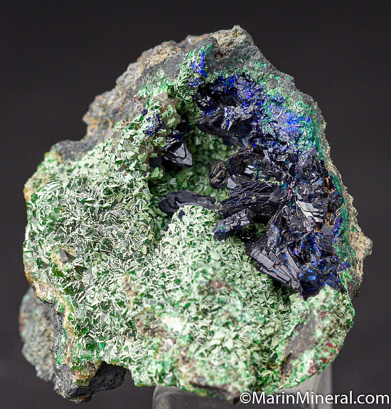 Azurite with Cuprian Adamite (Zincian Olivenite)
