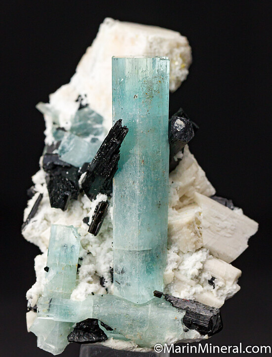 Aquamarine, Schorl on Feldspar