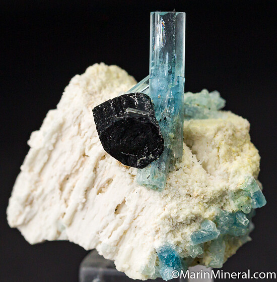 Aquamarine, Schorl on Feldspar