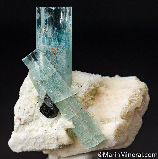 Aquamarine, Schorl on Feldspar