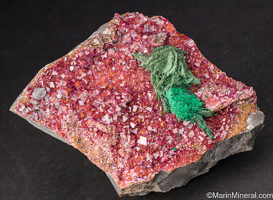 Kolwezite pseudomorphs, Malachite on Cobaltian Calcite