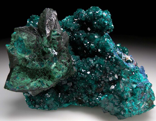 Malachite on Dioptase with Shattuckite pseudomorphs
