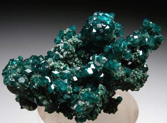Calcite, Dioptase on Malachite