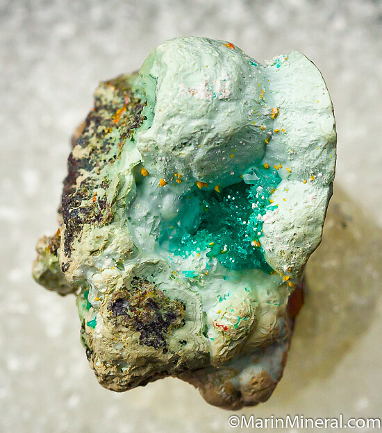 Dioptase, Wulfenite on Chrysocolla