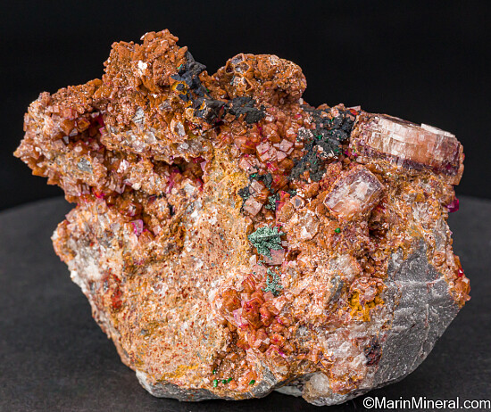 Heterogenite, Malachite on Cobaltian Calcite